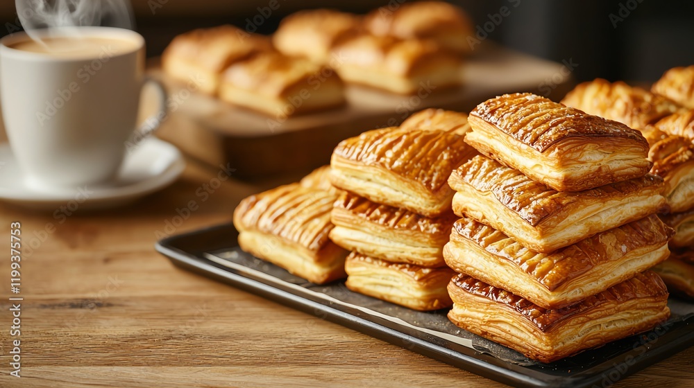 A tempting stack of golden pastries beside a steaming cup of coffee, perfect for a delightful snack or breakfast treat. A tempting stack of golden pastries beside a steaming cup of coffee, perfect for a delightful snack or breakfast treat.