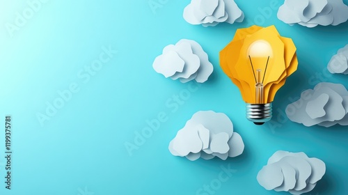 Creative collaboration concept featuring a bright yellow light bulb surrounded by soft gray clouds on a vibrant blue background with empty copy space for text.