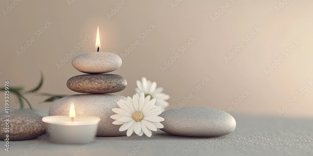 A serene meditation setup with a stack of smooth stones, a single lit candle, and a white flower.