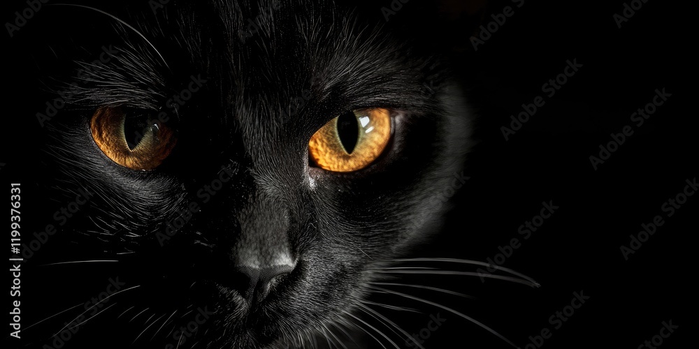 Elegant Black Cat with Striking Brown Eyes and Intense Gaze Against Dark Background Featuring Ample Copy Space for Text Elegant Black Cat with Striking Brown Eyes and Intense Gaze Against Dark Background Featuring Ample Copy Space for Text