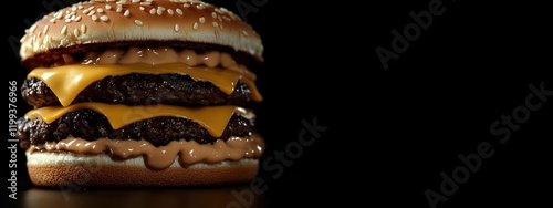 Double cheeseburger with melted cheddar cheese on a black background with empty space photo