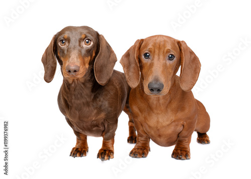 Best friends two dachsund dogs sitting together isolated on white studio background portrait