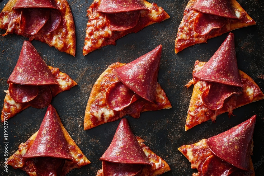 Pepperoni pizza slices arranged creatively, forming a pattern. Perfect for food blogs, menus, or restaurant marketing. Pepperoni pizza slices arranged creatively, forming a pattern. Perfect for food blogs, menus, or restaurant marketing.