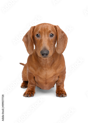 Happy Sausage dog puppy sitting isolated on white studio background tail wagging portrait