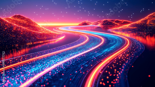 Luminous Neon Landscape: A Digital Art Journey Through a Dreamlike Night Sky