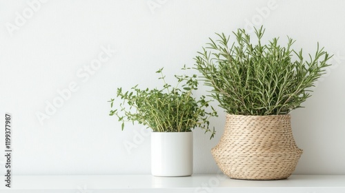 Two potted herbs on a shelf against a white wall, a simple and clean indoor scene