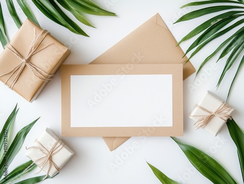 Handwritten cards with envelopes, ribbons, and tropical leaves for decoration.