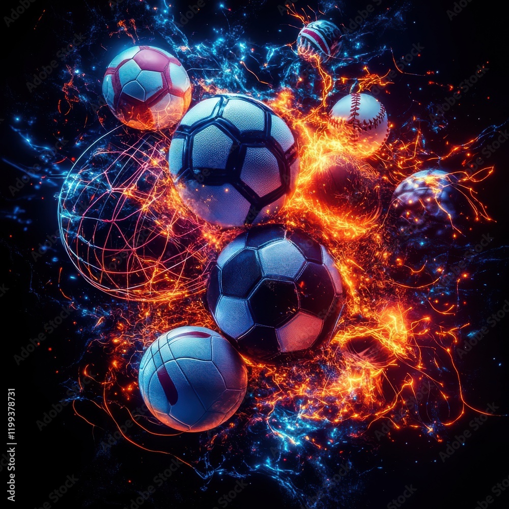 Naklejka premium Dynamic sports action soccer baseball and more in a vibrant energy burst abstract design digital art high contrast