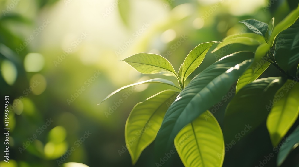 Bright Green Leaves in Sunlight with Soft Bokeh Background and Empty Space for Text, Shot at a Close Angle in a Lush Natural Setting Bright Green Leaves in Sunlight with Soft Bokeh Background and Empty Space for Text, Shot at a Close Angle in a Lush Natural Setting