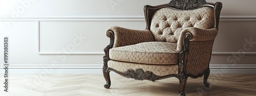 Vintage Upholstered Chair in Minimalist Bedroom with Empty Wall Space, Soft Colors and Elegant Design Elements photo