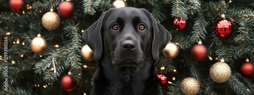 Black Labrador retriever playfully photobombing in front of a decorated Christmas tree with red and gold ornaments, festive holiday scene with space for text photo