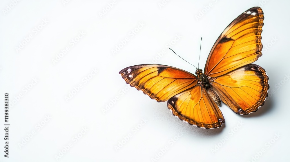 Fototapeta premium Vibrant orange butterfly perched on a white surface creating negative space for text, ideal for nature-themed designs and illustrations