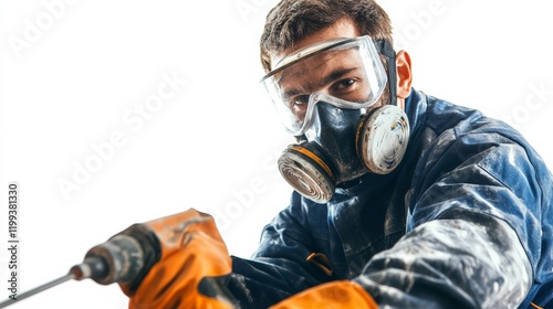 An industrial painter spraying paint on a surface, wearing a respirator mask, isolated on a white background, photo