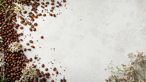 Brown coffee beans scattered on textured gray background with white flowers on the right side and ample empty space for text or design elements photo