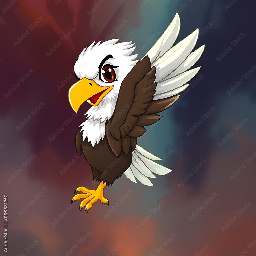 Obraz premium A spirited cartoon eagle with vibrant colors, showcasing its wings in a dynamic pose against a colorful background.