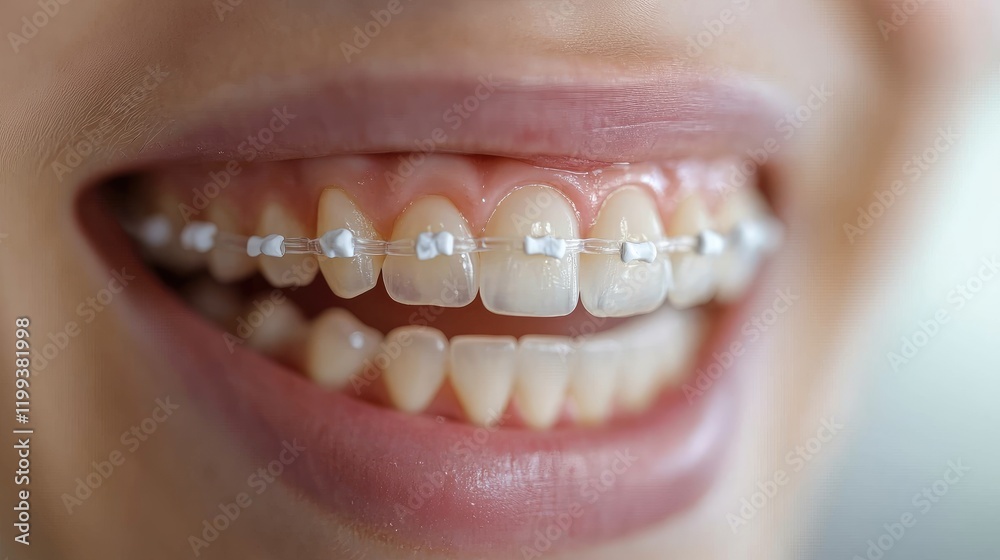 Fototapeta premium Closeup of a smiling patient with clear braces and adhesive tape applied to teeth in a bright dental clinic with blurred background and copy space for text