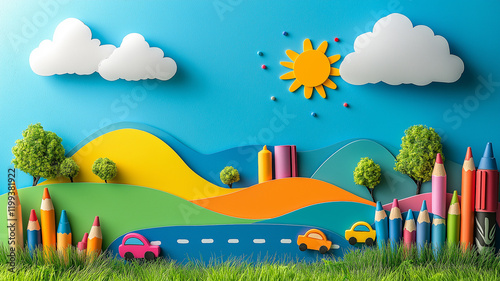 Cute cartoon-style background with a Ferris wheel and a rainbow in the sky, colorful balloons flying around, white clouds floating across the blue sky, cute little houses on the green grass 