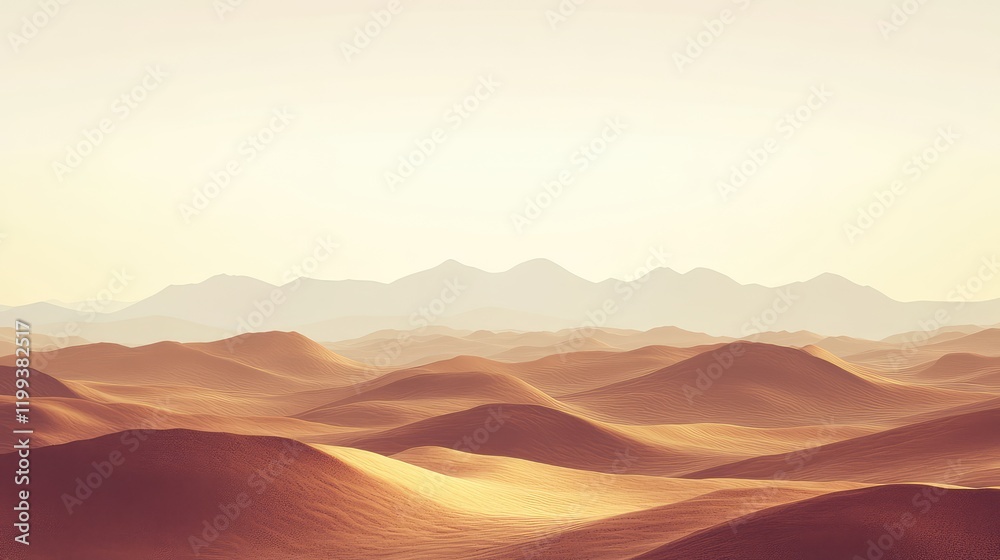 Naklejka premium Panoramic Desert View with Rolling Hills and Mountains Under a Clear Sky, Warm Earth Tones, and Empty Space for Text.