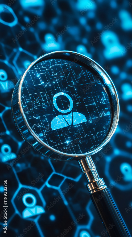 Fototapeta premium Digital user icon magnified on circuit board, representing cybersecurity, data privacy, network protection through technological lens