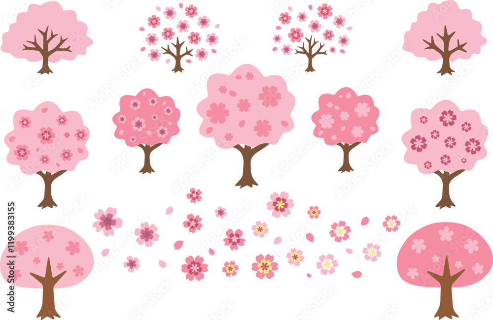 Set of cherry tree and cherry blossom illustrations.Sakura flowers vector icon set Set of cherry tree and cherry blossom illustrations.Sakura flowers vector icon set