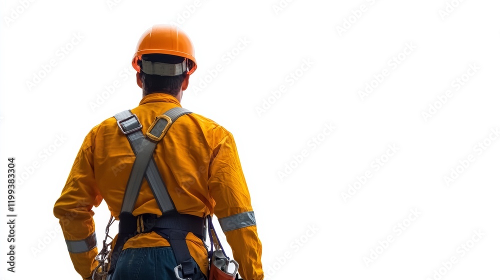 An offshore drilling technician monitoring equipment, wearing a safety harness, isolated on white, An offshore drilling technician monitoring equipment, wearing a safety harness, isolated on white,
