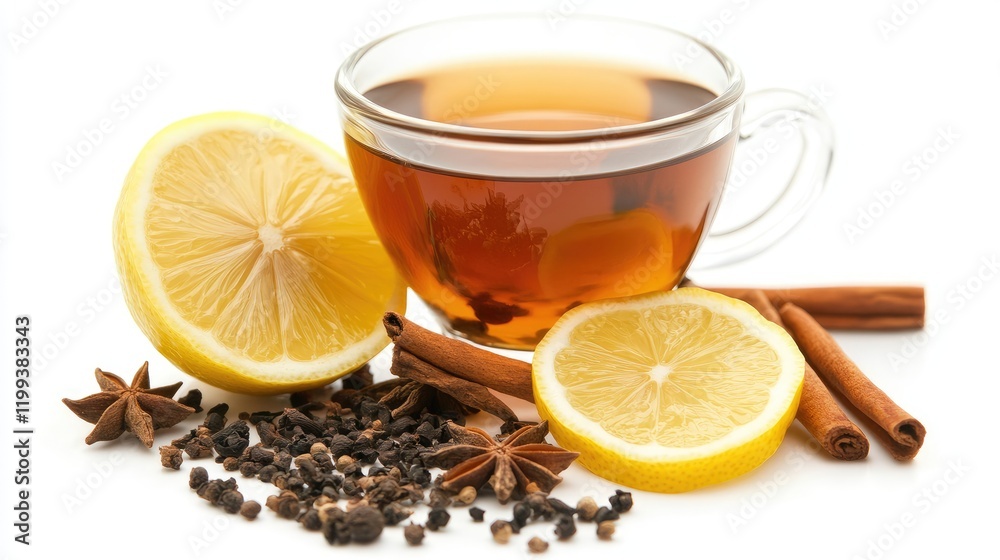 Aromatic black tea infused with Ayurvedic spices and fresh lemon slices arranged elegantly on a white background with empty text space. Aromatic black tea infused with Ayurvedic spices and fresh lemon slices arranged elegantly on a white background with empty text space.