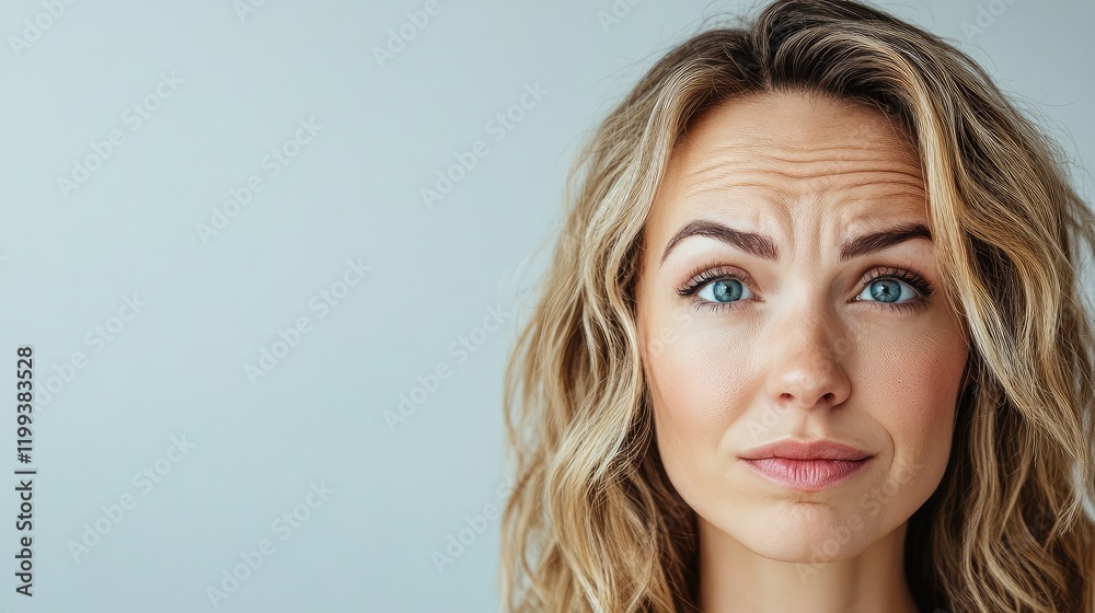 Fototapeta premium Dermatological treatment for forehead wrinkles in a woman with empty space for text or branding.