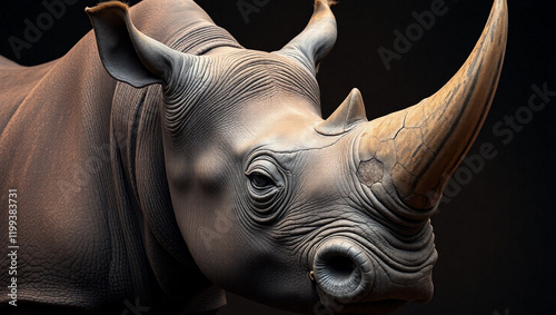 Close-up rhinoceros portrait, detailed skin texture, golden light, dramatic shadows, strong contrast, dark background, realistic rendering, wildlife photography, horn features, eye reflection, majesti photo