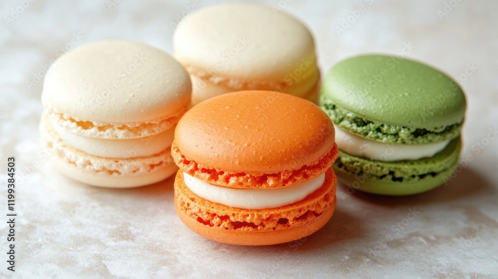 Obraz premium Colorful macarons in vibrant orange green and cream arranged on a light marble surface with empty copy space for text and design elements