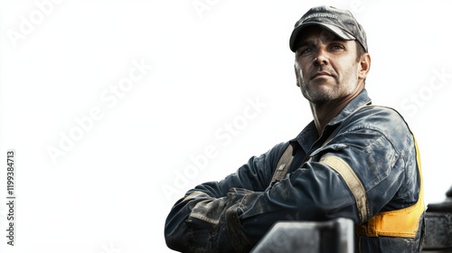 An oilfield truck driver in uniform, leaning on a truck, isolated on a seamless white backdrop,