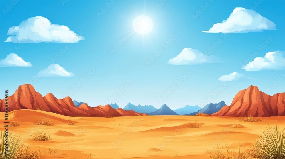 Naklejka premium Desert Landscape with Dunes and Blue Sky, Illustrative Scene with Copy Space for Text