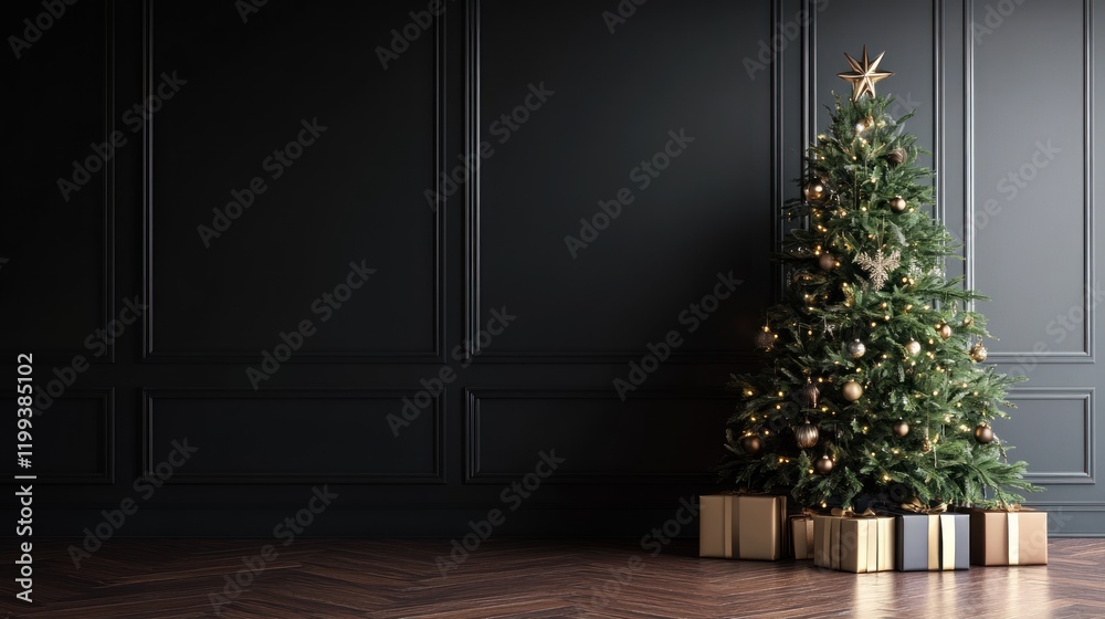 Elegant Christmas Tree in a Dark Room Elegant Christmas Tree in a Dark Room