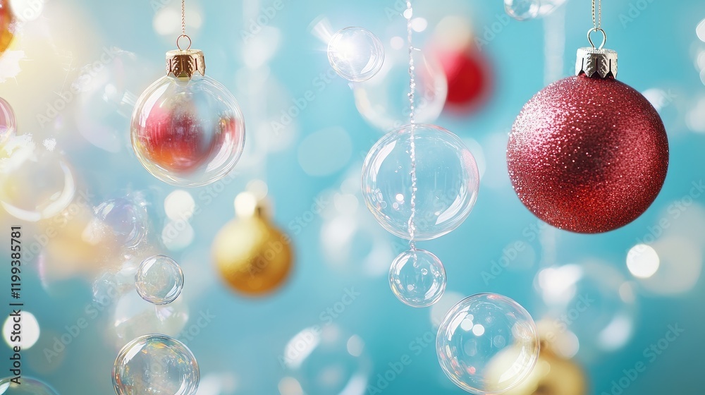 Fototapeta premium Colorful Soap Bubbles and Glittering Holiday Ornaments in Red and Gold Against a Soft Blue Background with Blurred Lights and Space for Text
