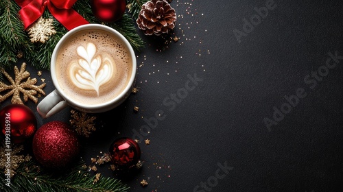 Elegant holiday coffee cup with frothy latte art on black background adorned with red ornaments pinecones and decorative elements for festive mood photo