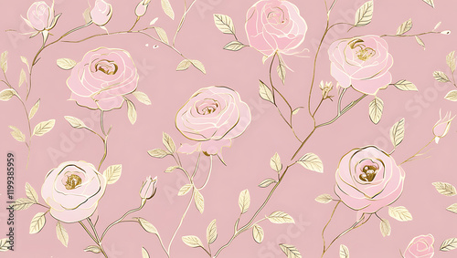 inimalist Floral Pattern with Gold Accents on Pastel Pink
