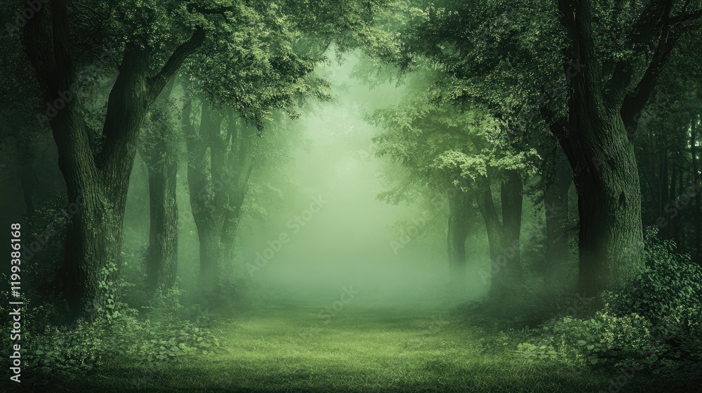 Obraz premium Lush Green Forest Landscape with Soft Fog and Mist Creating a Serene Atmosphere and Ample Space for Text in a Tranquil Natural Setting