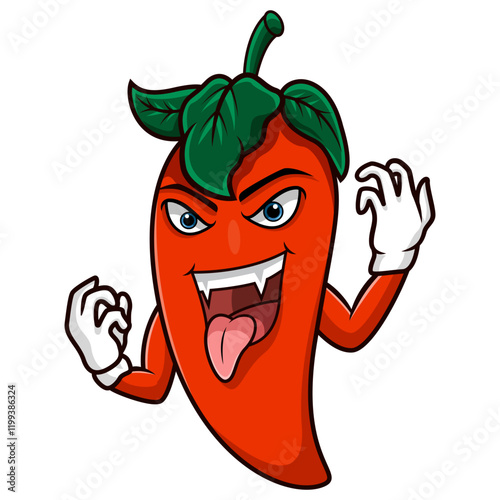 Cartoon angry chili pepper with tongue out on white background