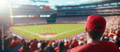 Cheering fans in a vibrant stadium during a baseball game with a clear view of the grassy field and bright red team colors creating an energetic atmosphere photo