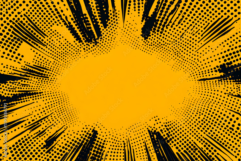 Dynamic yellow comic book background with black radial lines and halftone dots, perfect for vibrant designs and impactful presentations.