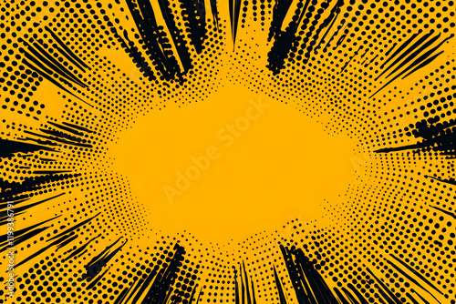 Dynamic yellow comic book background with black radial lines and halftone dots, perfect for vibrant designs and impactful presentations.