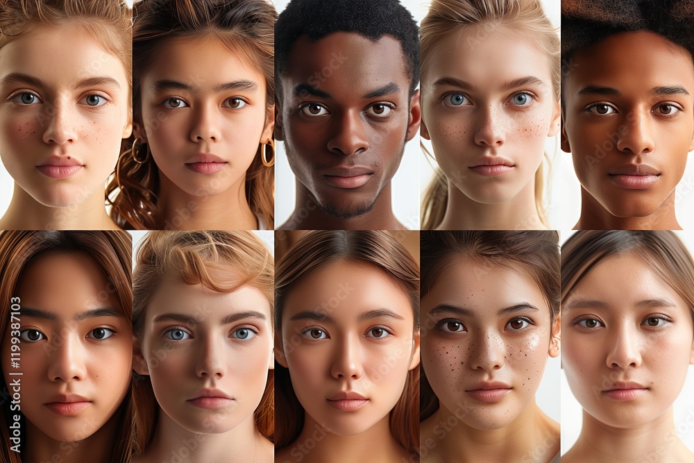 Obraz premium Diverse group of people showcasing various ethnicities and expressions in a split portrait format.