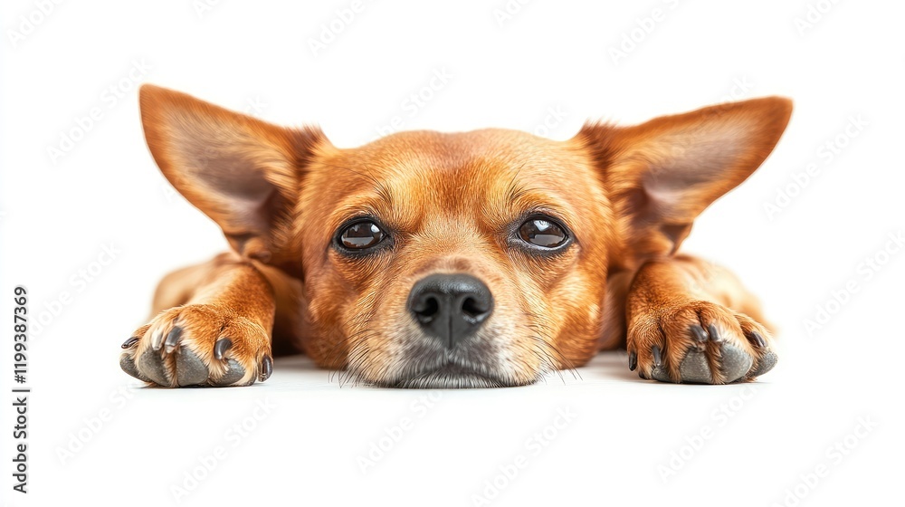 Obraz premium Resting Red Terrier Chihuahua Dog with Affectionate Expression on White Background High-Quality Image Suitable for Text Placement