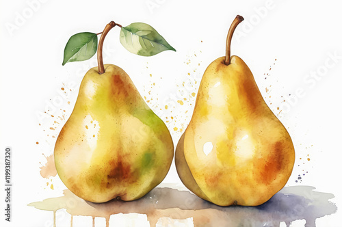 Watercolor illustration of two ripe pears with leaves on a white background