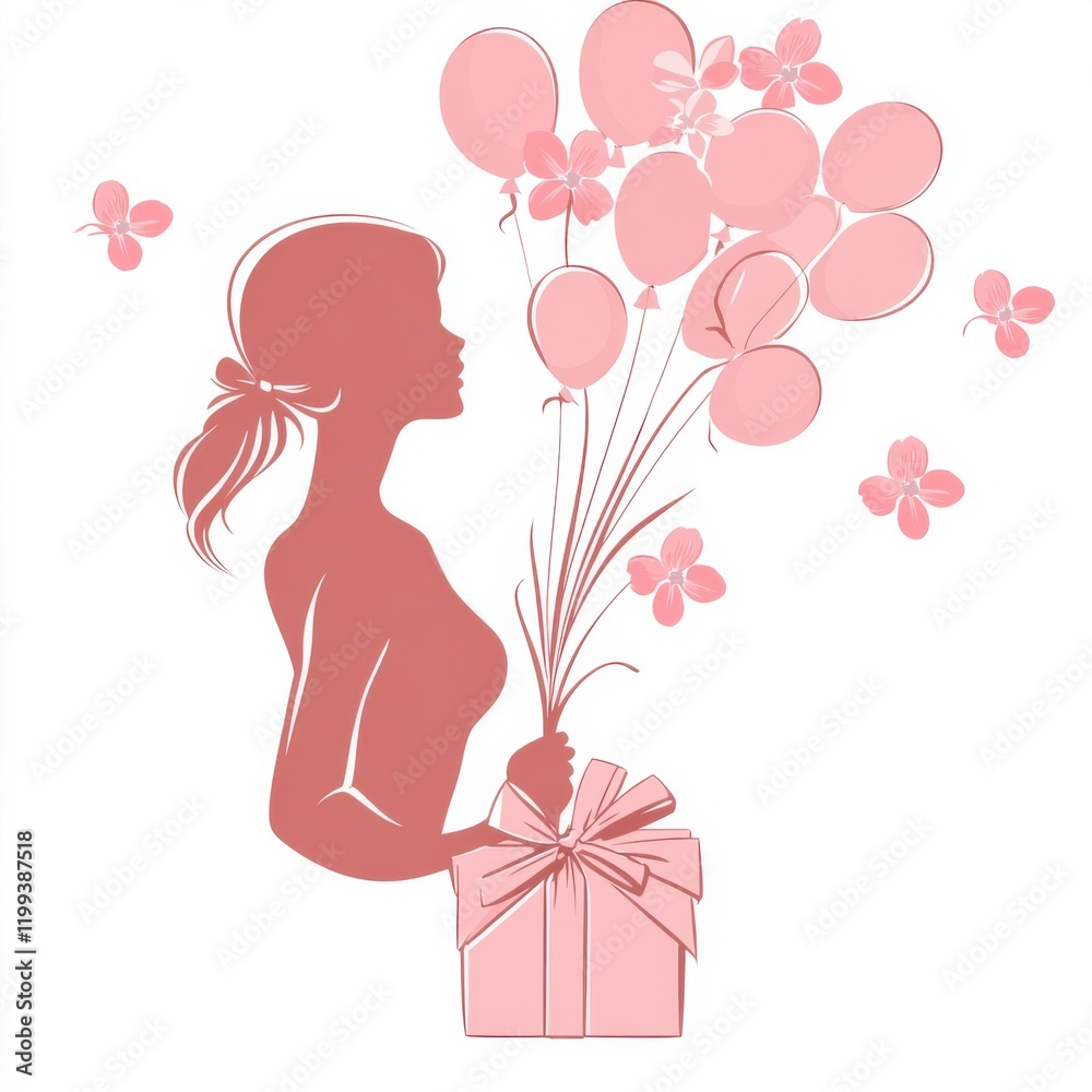 Celebrating joyful moments woman with balloons and gift festive setting digital illustration whimsical style Celebrating joyful moments woman with balloons and gift festive setting digital illustration whimsical style