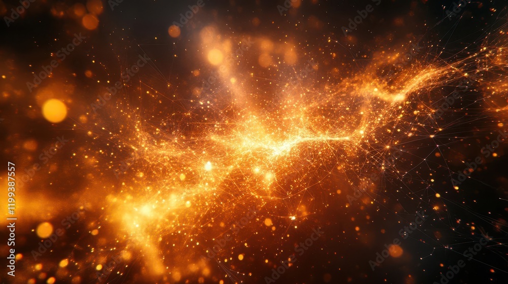 Fototapeta premium A vibrant explosion of golden sparks and glowing particles, creating a dynamic and energetic atmosphere in a cosmic-like setting.