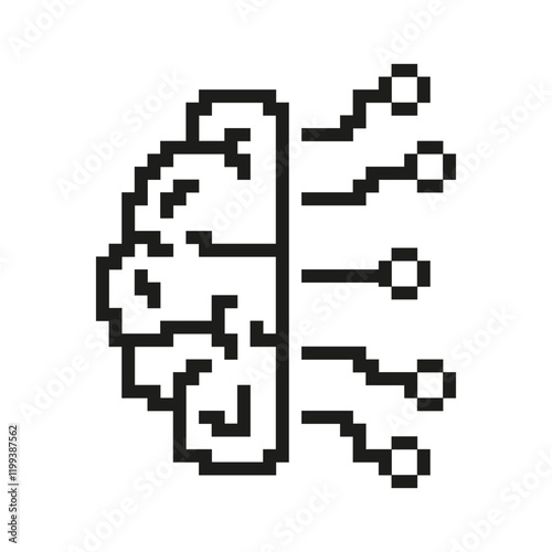 Pixelated Brain with Circuits Icon. Artificial Intelligence and Neural Network Symbol. AI Technology with Circuit Elements Design. Isolated Vector Illustration