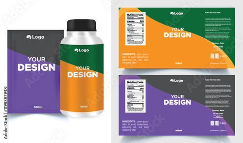 Vitamin label sticker design, natural multi food supplement banner packaging, jar label.
