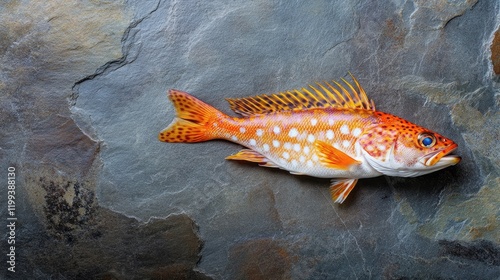 Vibrant Colorful Spotted Fish Displayed on Textured Dark Slate Surface Highlighting Freshness and Natural Light with Generous Empty Copy Space for Text photo