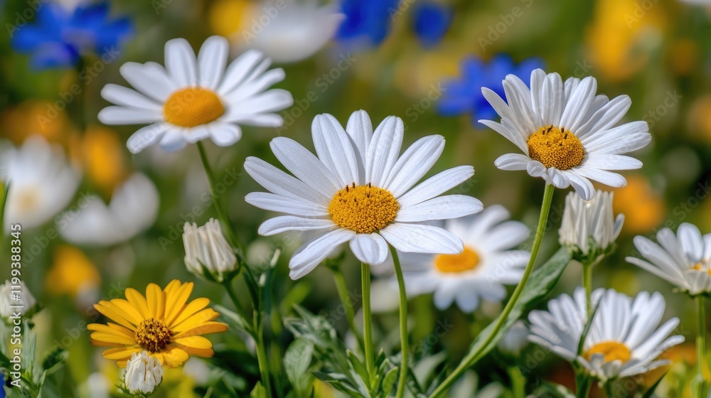 Fototapeta premium Vibrant spring garden featuring white daisies and yellow flowers against a backdrop of blue blossoms in a sunny natural setting with ample empty space for text.