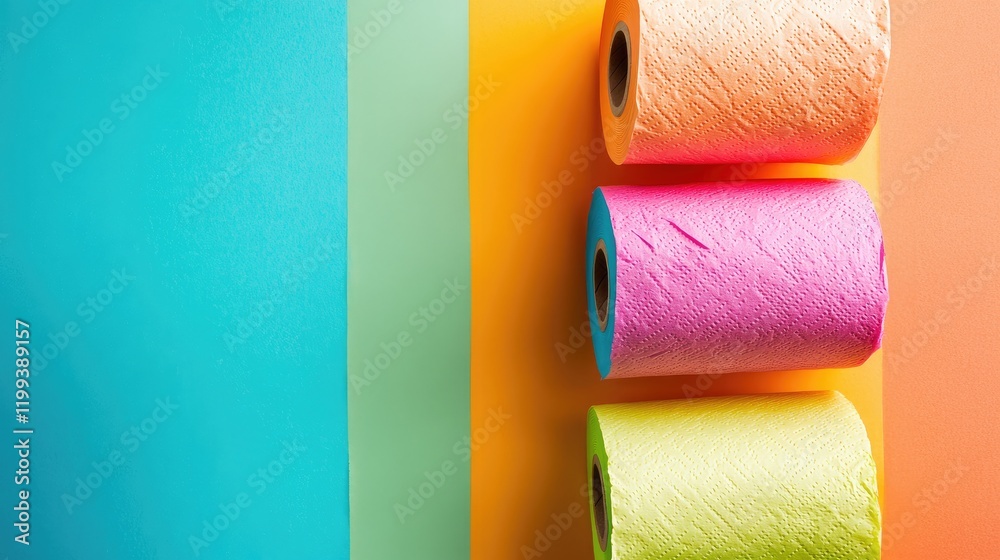 Vibrant stacked rolls of toilet paper in bold pink, green, and orange hues against a colorful flat lay background with ample blank space for creative text placement. Vibrant stacked rolls of toilet paper in bold pink, green, and orange hues against a colorful flat lay background with ample blank space for creative text placement.
